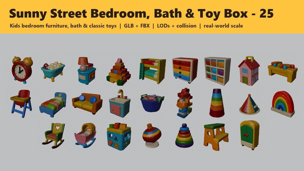 Sunny Street Bedroom, Bath & Toy Box - cover render of every body in the pack