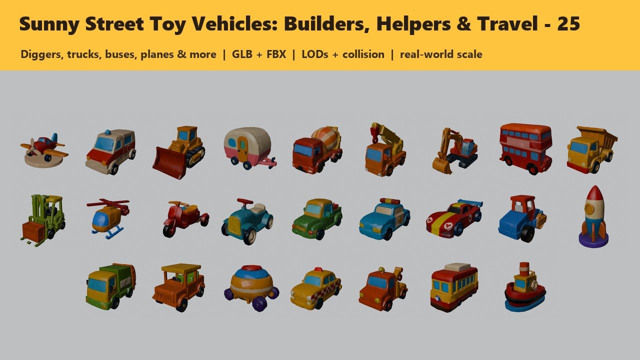 Sunny Street Toy Vehicles: Builders, Helpers & Travel - cover render of every body in the pack